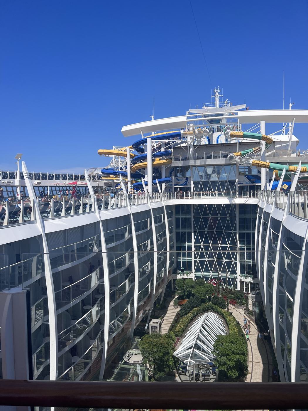 Cruise ship deck with waterslides and aqua theater