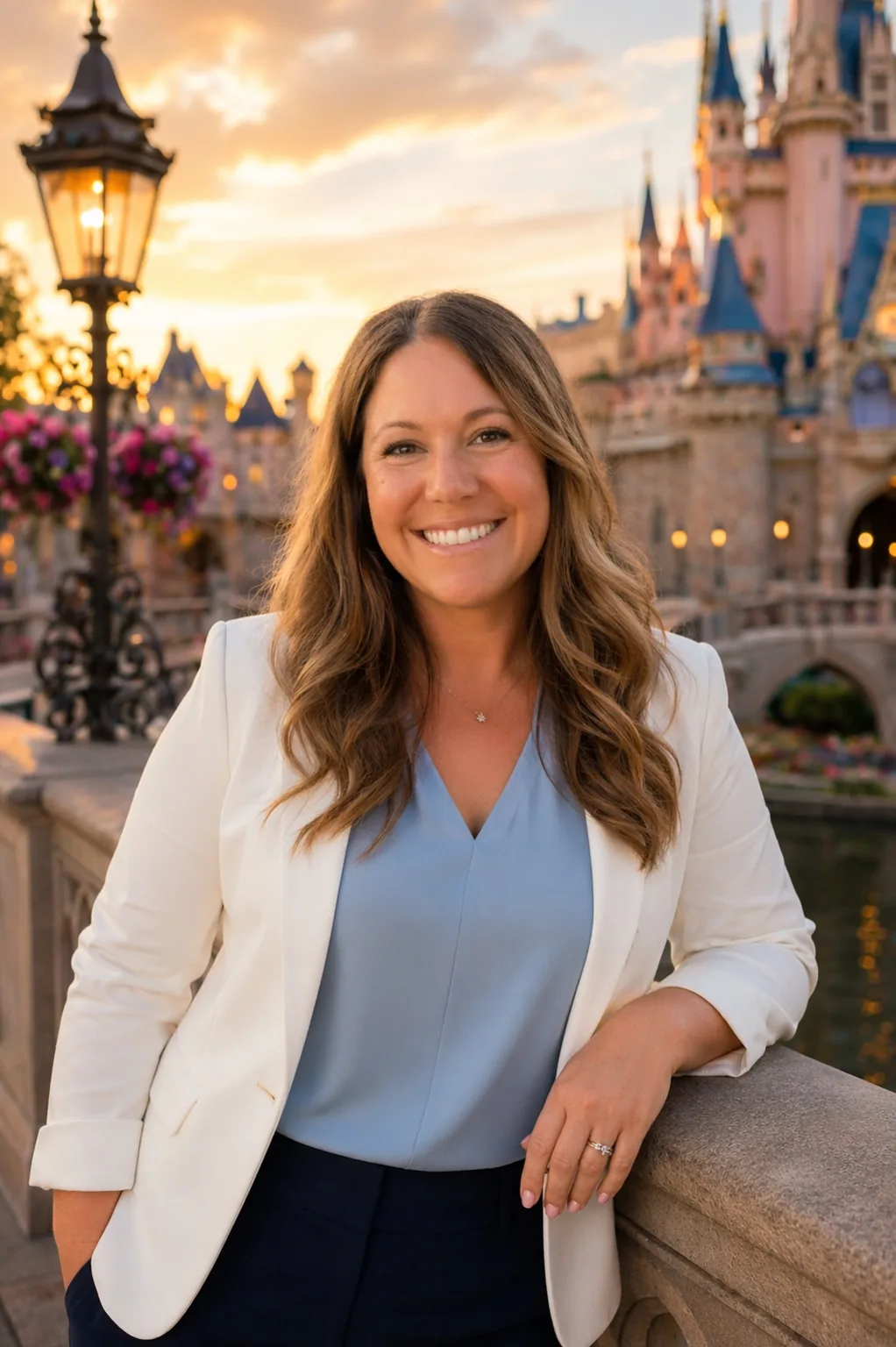 Amber in blazer near Disney castle